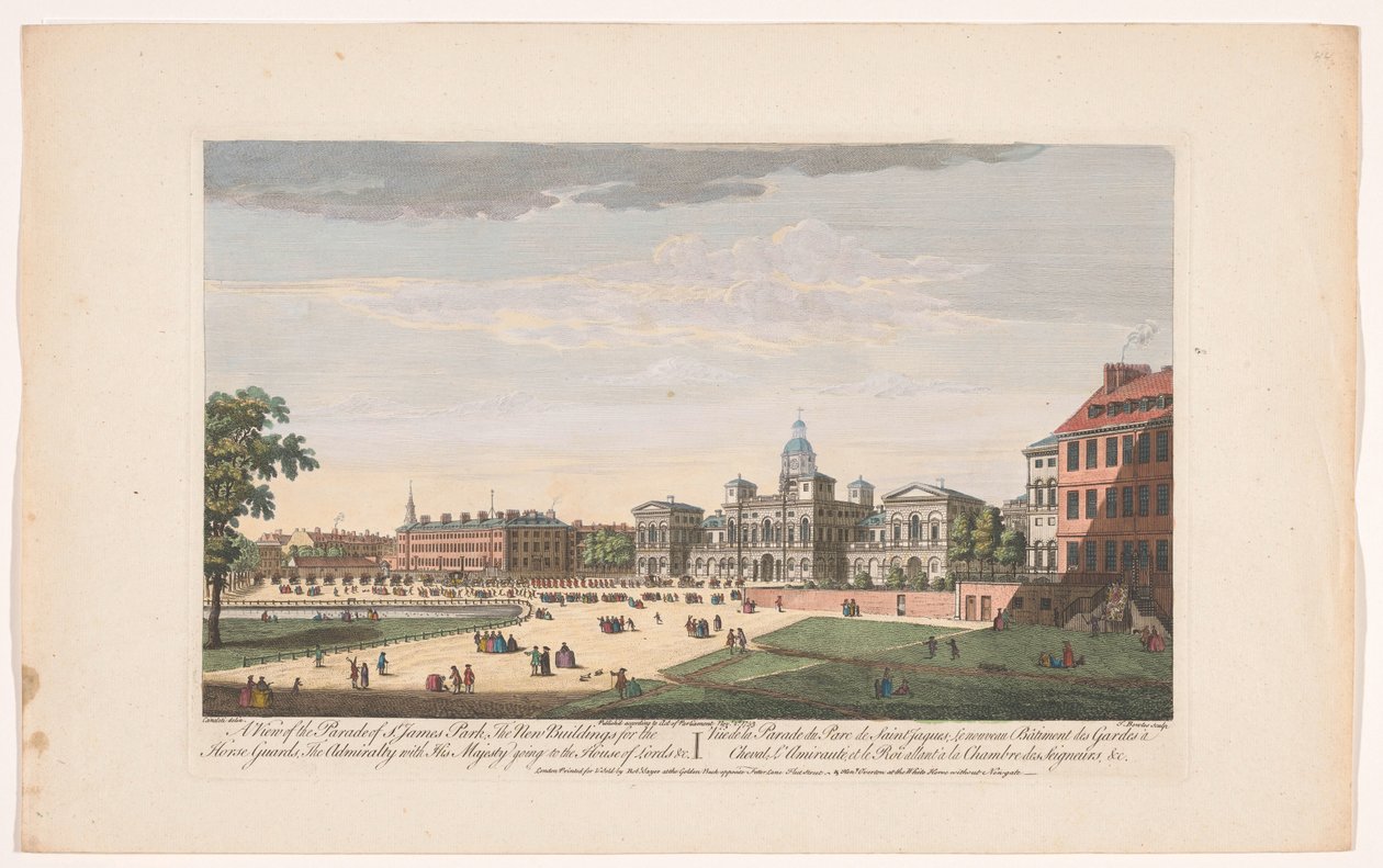 Vue de la Horse Guards Parade à Londres avec le départ de George II Auguste, roi de Grande-Bretagne, vers la Chambre des Lords - Robert Sayer