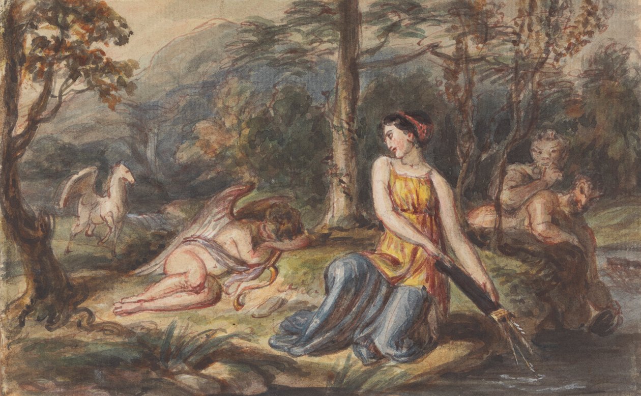 Diane, déesse de la chasse, avec des satyres, Cupidon endormi et un Pégase dans un paysage boisé - Robert Smirke