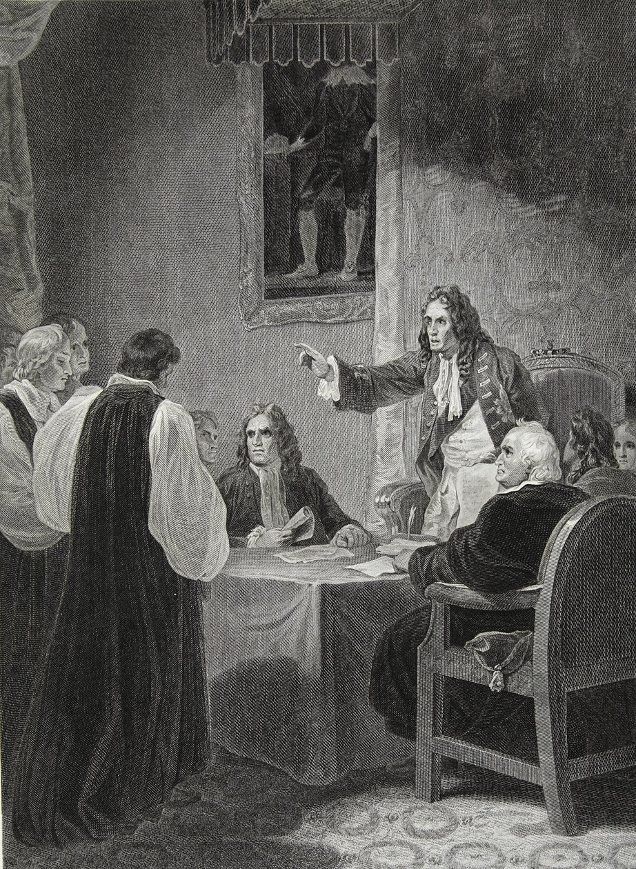 Les évêques devant le Conseil privé, 1688, gravé par George Noble, illustration de 