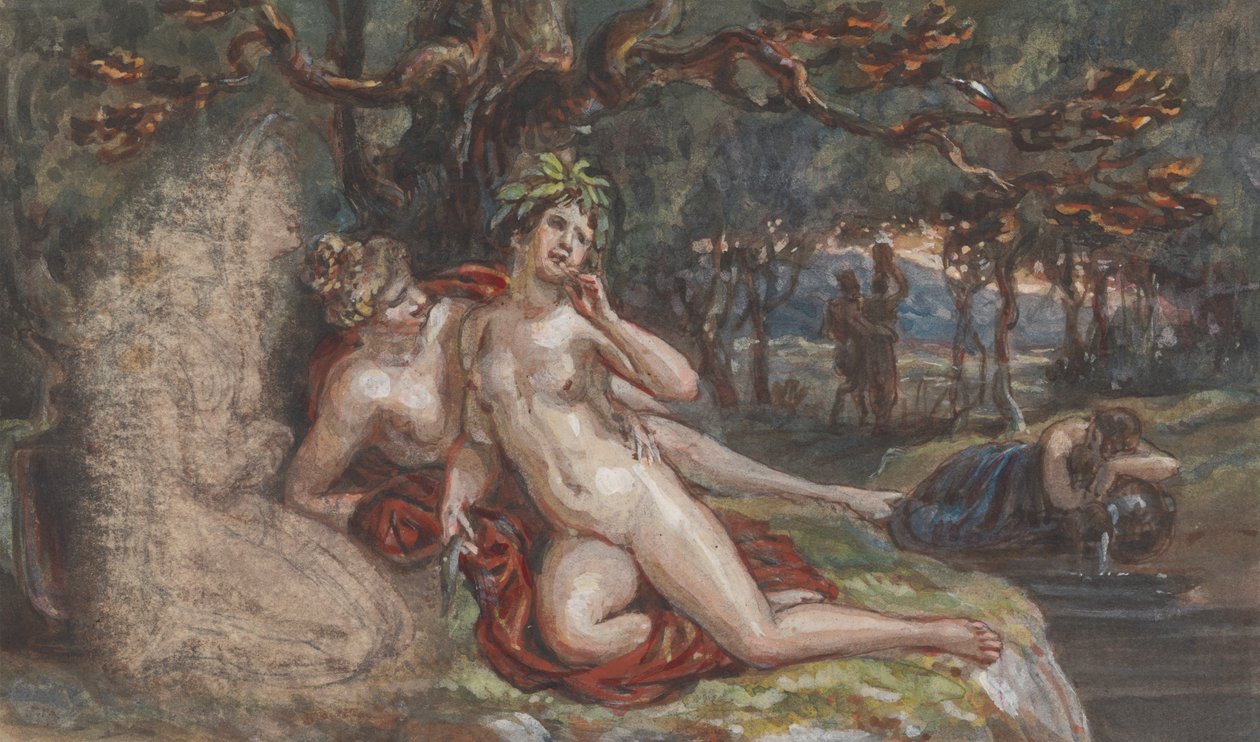 Scène boisée avec un couple allongé sous un arbre, près d