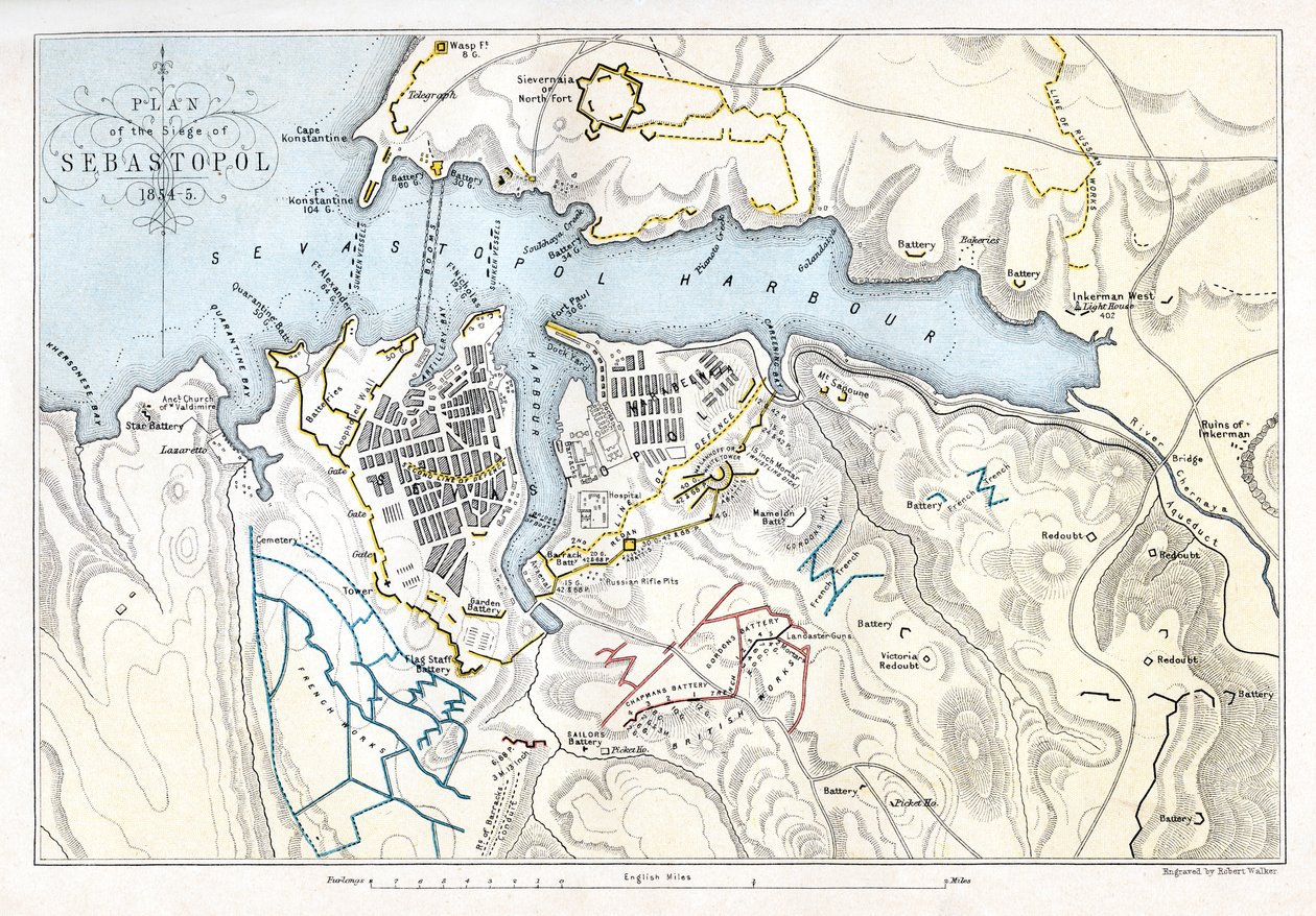 Carte montrant le siège de Sébastopol, Guerre de Crimée, 1854-1855, 1893 - Robert Walker