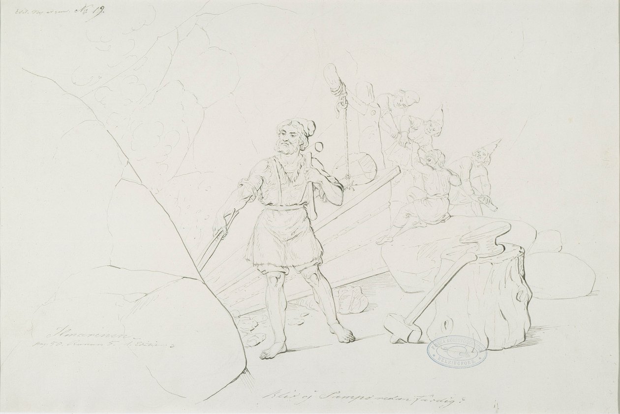 Ilmarinen takoo sampoa ; Originaalipiirustus piirrossarjaan "Kalewala, poème national finlandais, présenté en dessins R.W.Ekman" - Robert Wilhelm Ekman