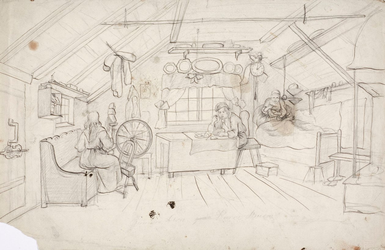 Un intérieur avec trois personnes : une au lit buvant du café, une à table mangeant du porridge et une près du seigle. - Robert Wilhelm Ekman