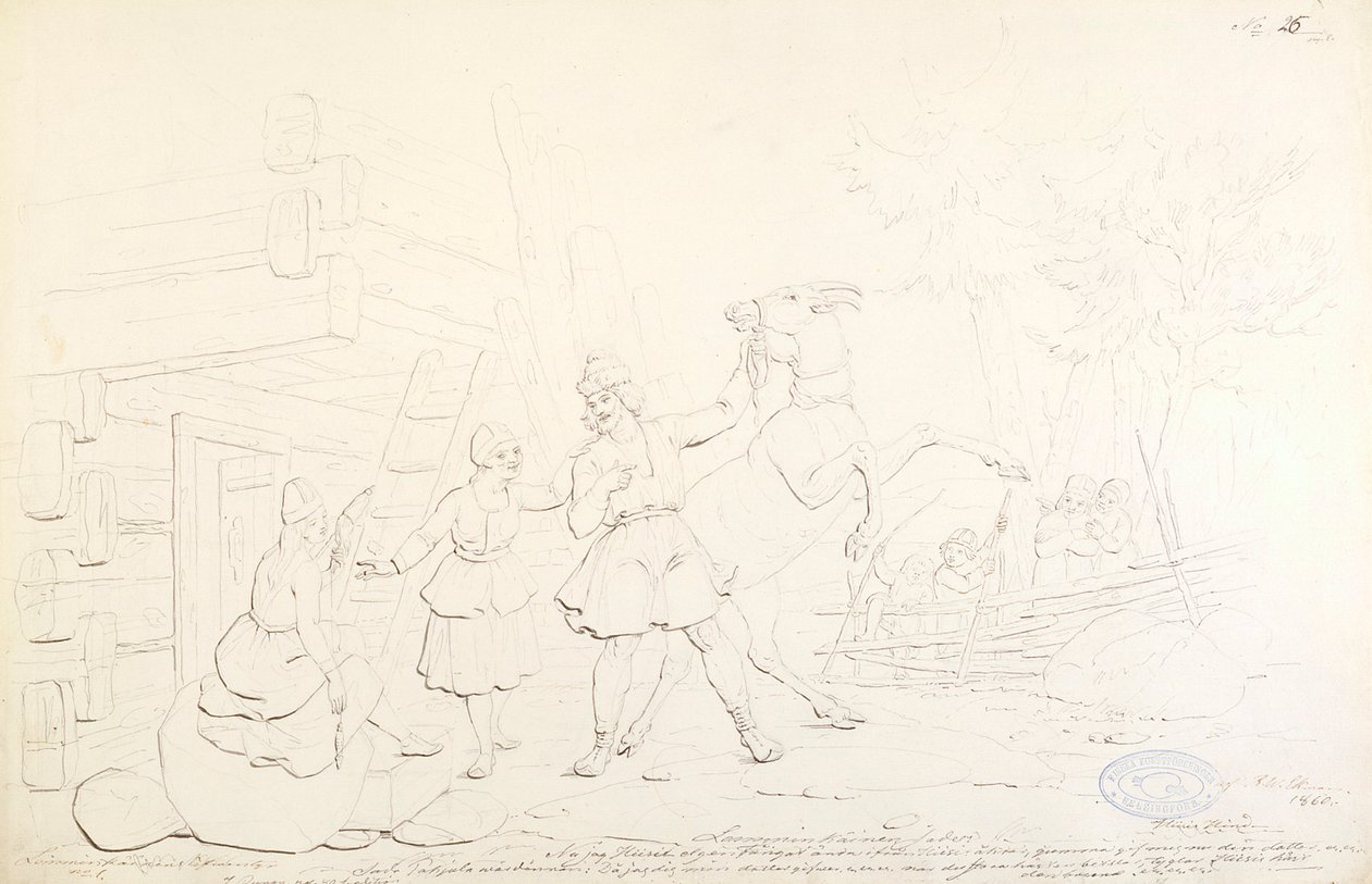 Lemminkäinen et Hiiden Hirvi ; dessin original pour la série "Kalewala, Finsk National-dikt, framställd i teckningar af R.W.Ekman" - Robert Wilhelm Ekman
