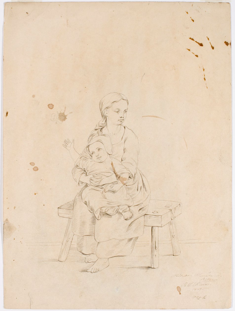 Jeune femme assise sur un banc avec un petit enfant dans les bras - Robert Wilhelm Ekman