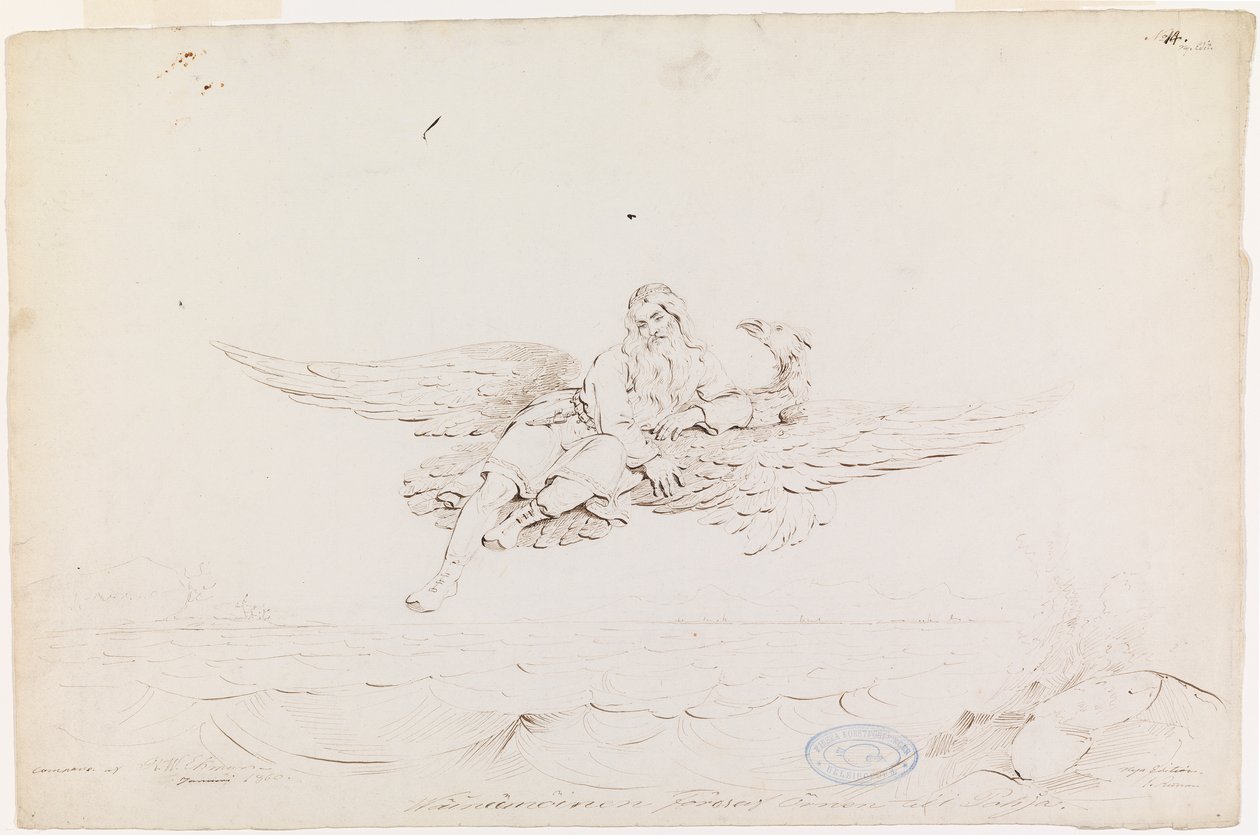 Väinämöinen porté par un aigle ; dessin original pour "Kalewala, poème national finlandais, présenté en dessins par R.W.Ekman". - Robert Wilhelm Ekman