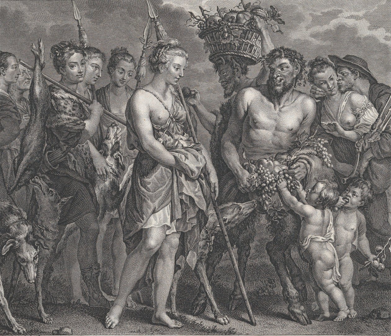 Diane revenant de la chasse, accompagnée de chiens et de ses nymphes à gauche, deux satyres, vers 1808 - Robert de Launay