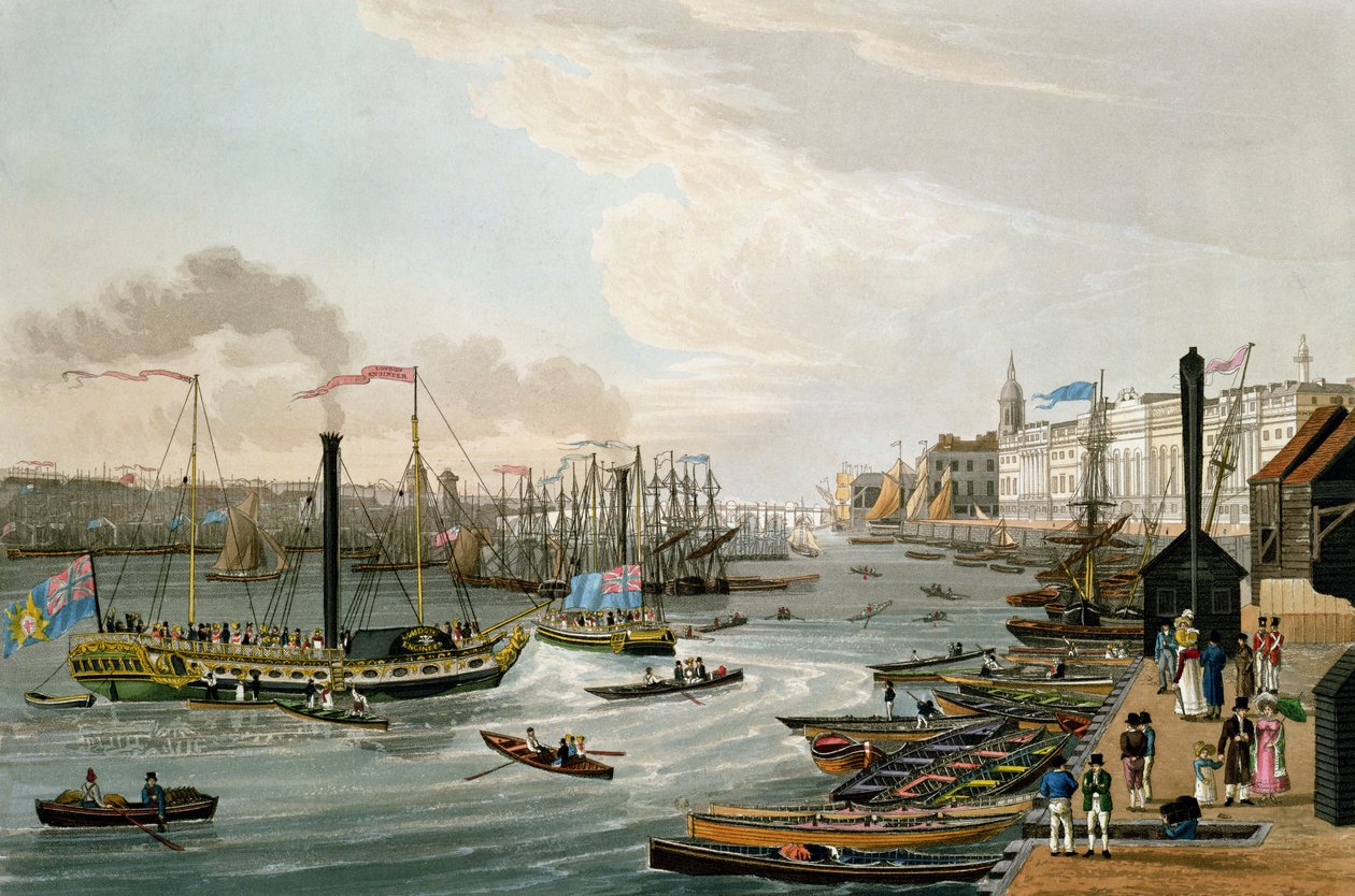 Vue du London Bridge et de la Custom House, avec les yachts à vapeur de Margate, pub. 1820 par Colnaghi und Co. - Robert the Elder and Younger Havell