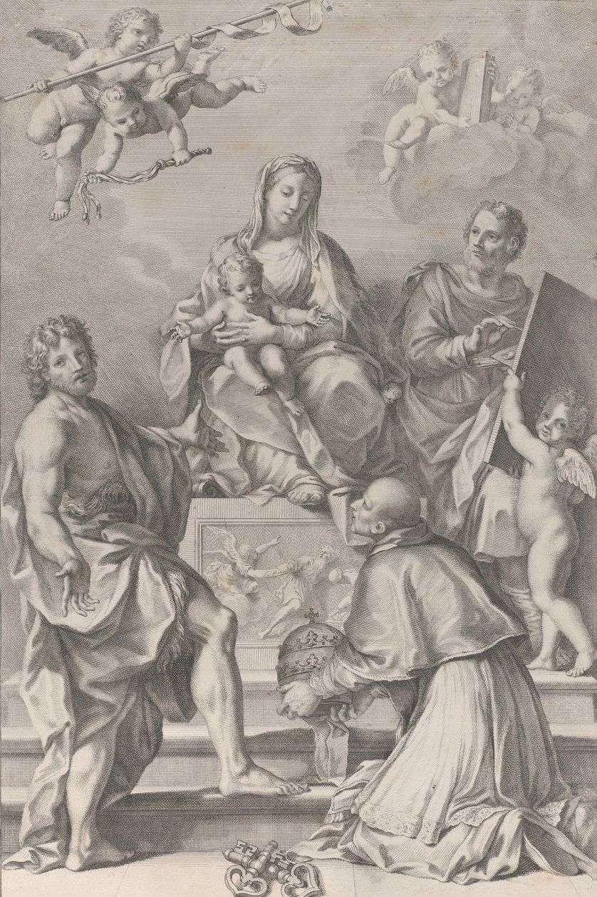 Madone et enfant au centre avec Saint Jean-Baptiste, Saint Luc, Pape Pierre Célestin - Robert van Audenaerde