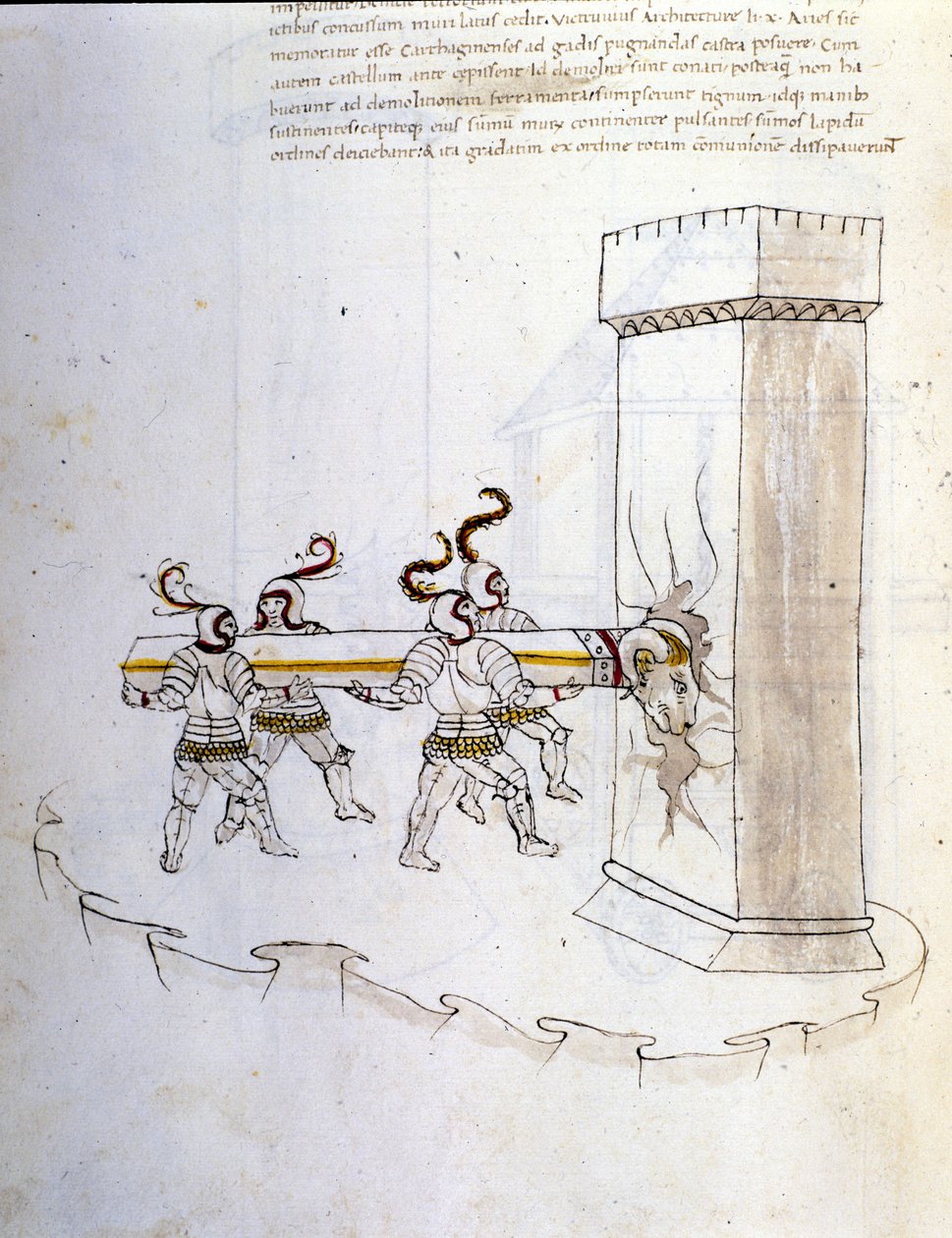Art de la guerre : étude sur les machines militaires. utilisation du bélier pour assiéger une tour, illustration tirée de 