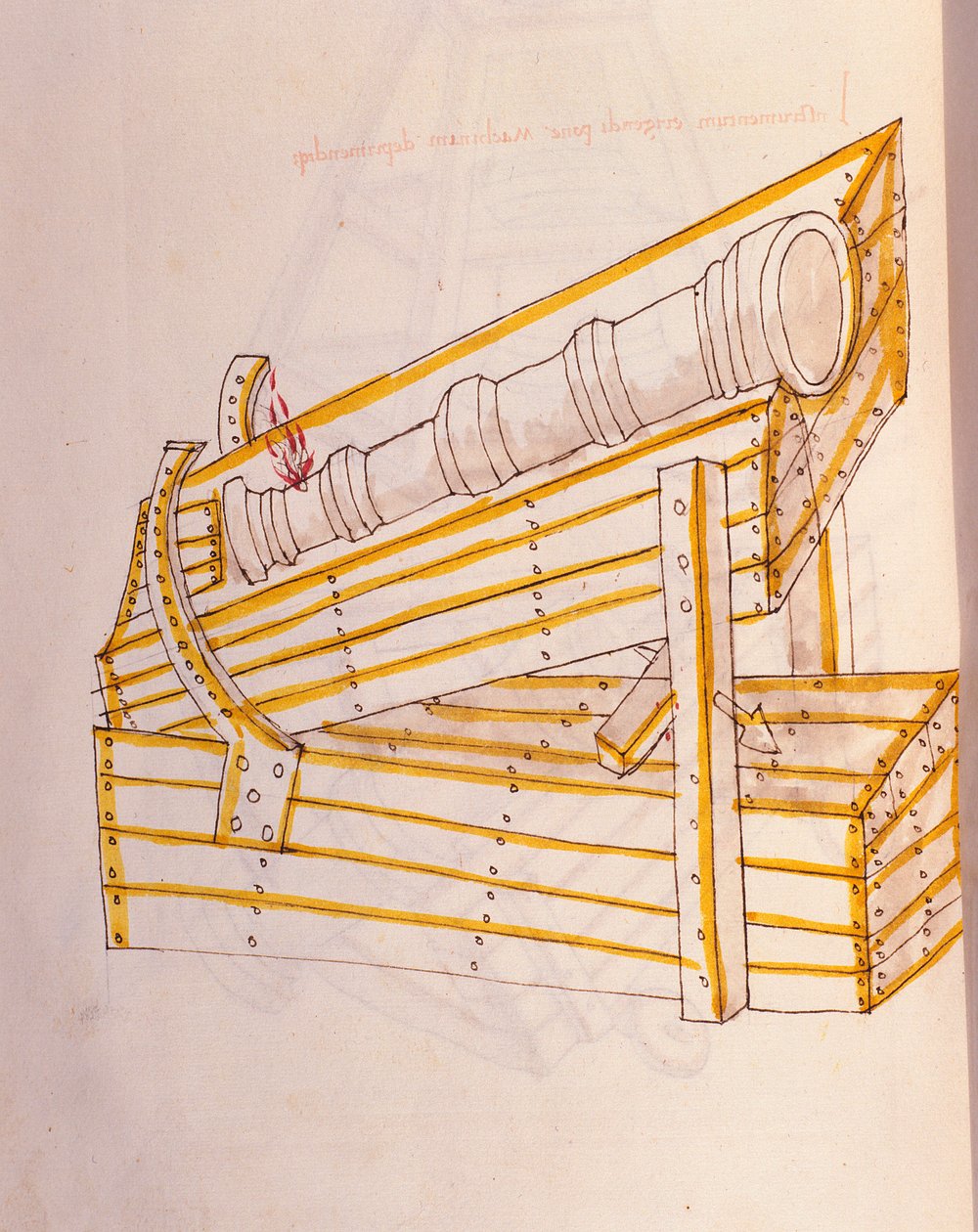 Art de la guerre : étude sur les machines militaires. Canon posé sur sa monture, avec un système pour le soulever, illustration de 
