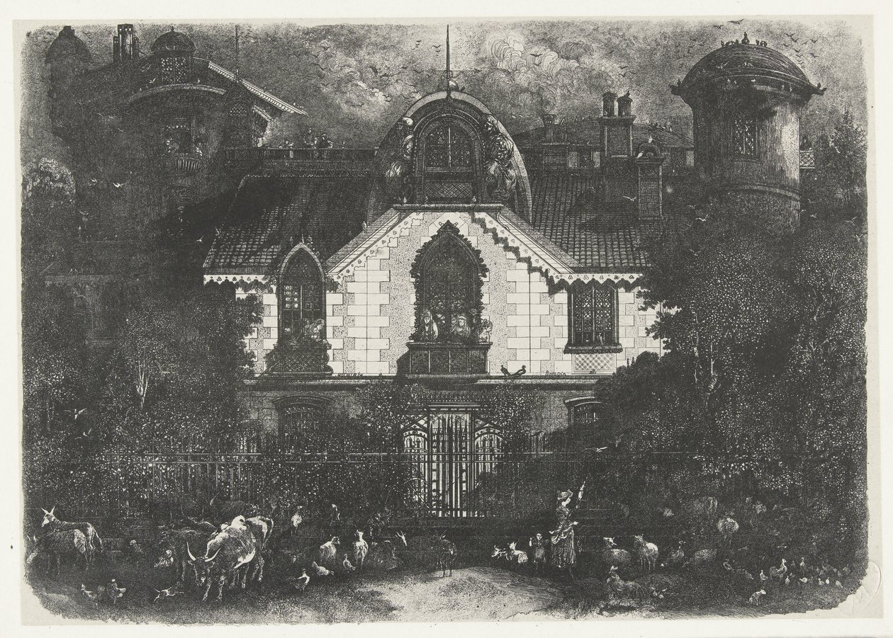 Maison avec tour derrière une clôture et bergère avec bétail - Rodolphe Bresdin