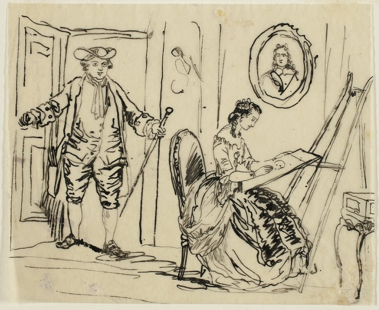 Intérieur avec un homme et une femme vêtus de vêtements du XVIIIe siècle - Rodolphe Bresdin