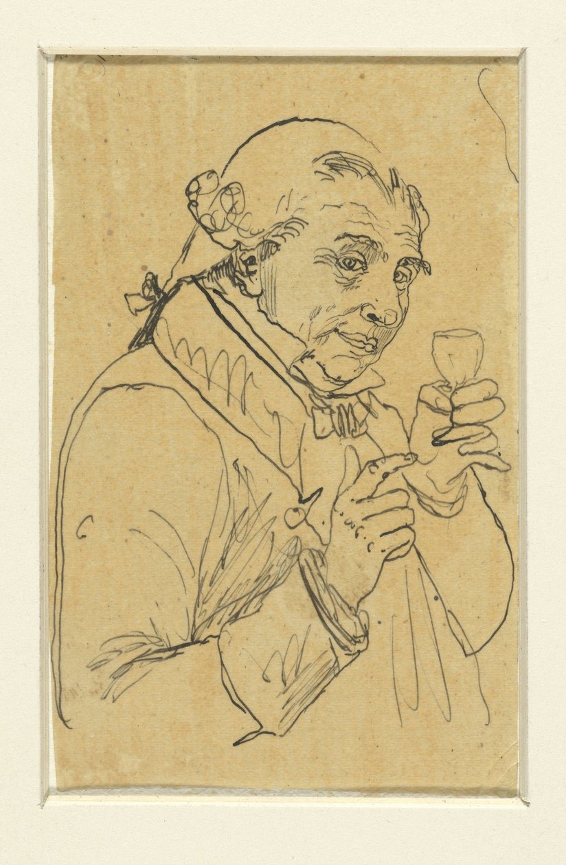 Alter Herr im 18. Jahrhundert Kostüm, in der linken Hand ein Glas Wein erhebend - Rodolphe Bresdin
