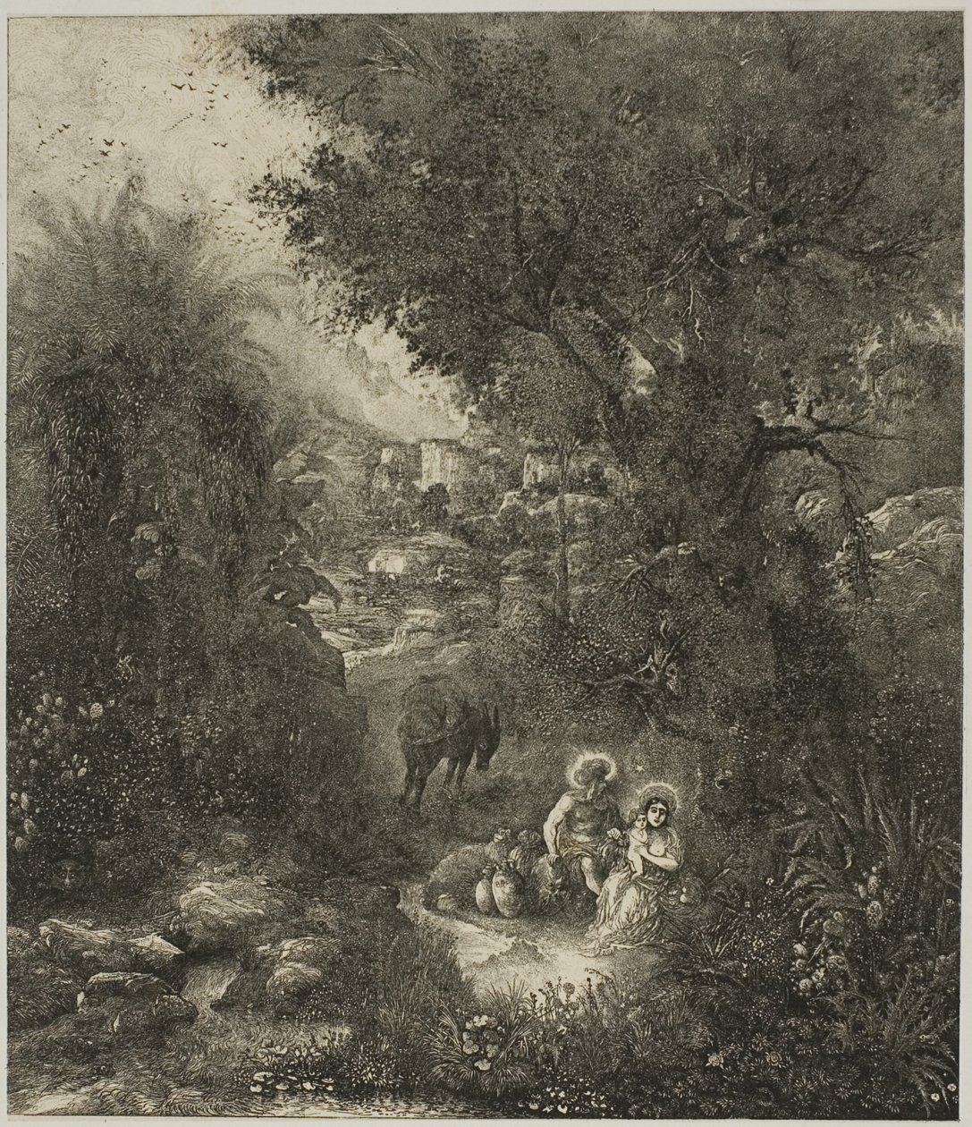Repos pendant la fuite en Égypte avec un âne sellé - Rodolphe Bresdin