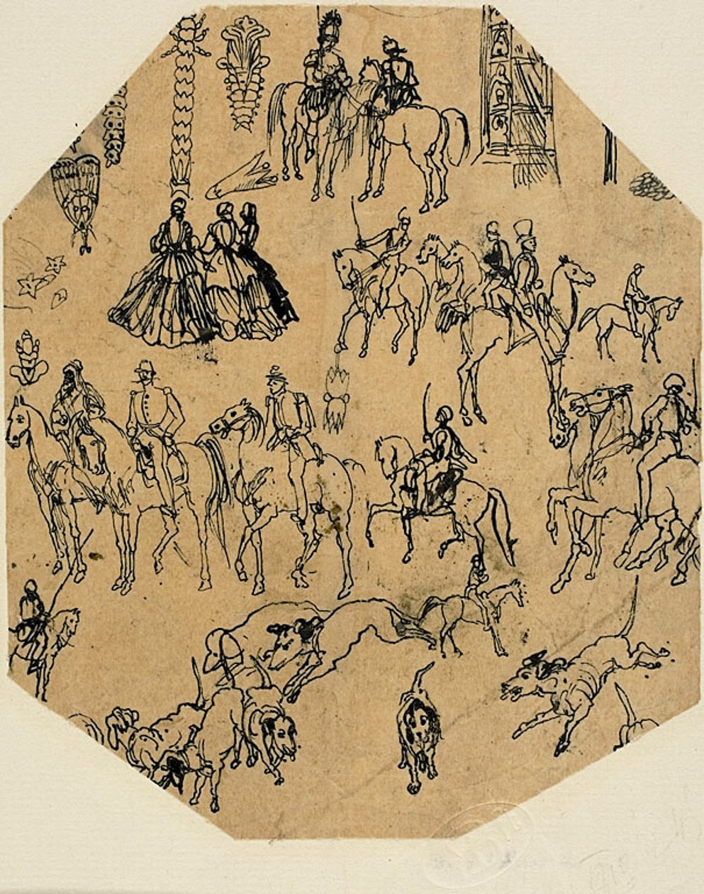 Feuille de croquis : Chiens courants, cavaliers, dames. Éléments architecturaux, insectes - Rodolphe Bresdin
