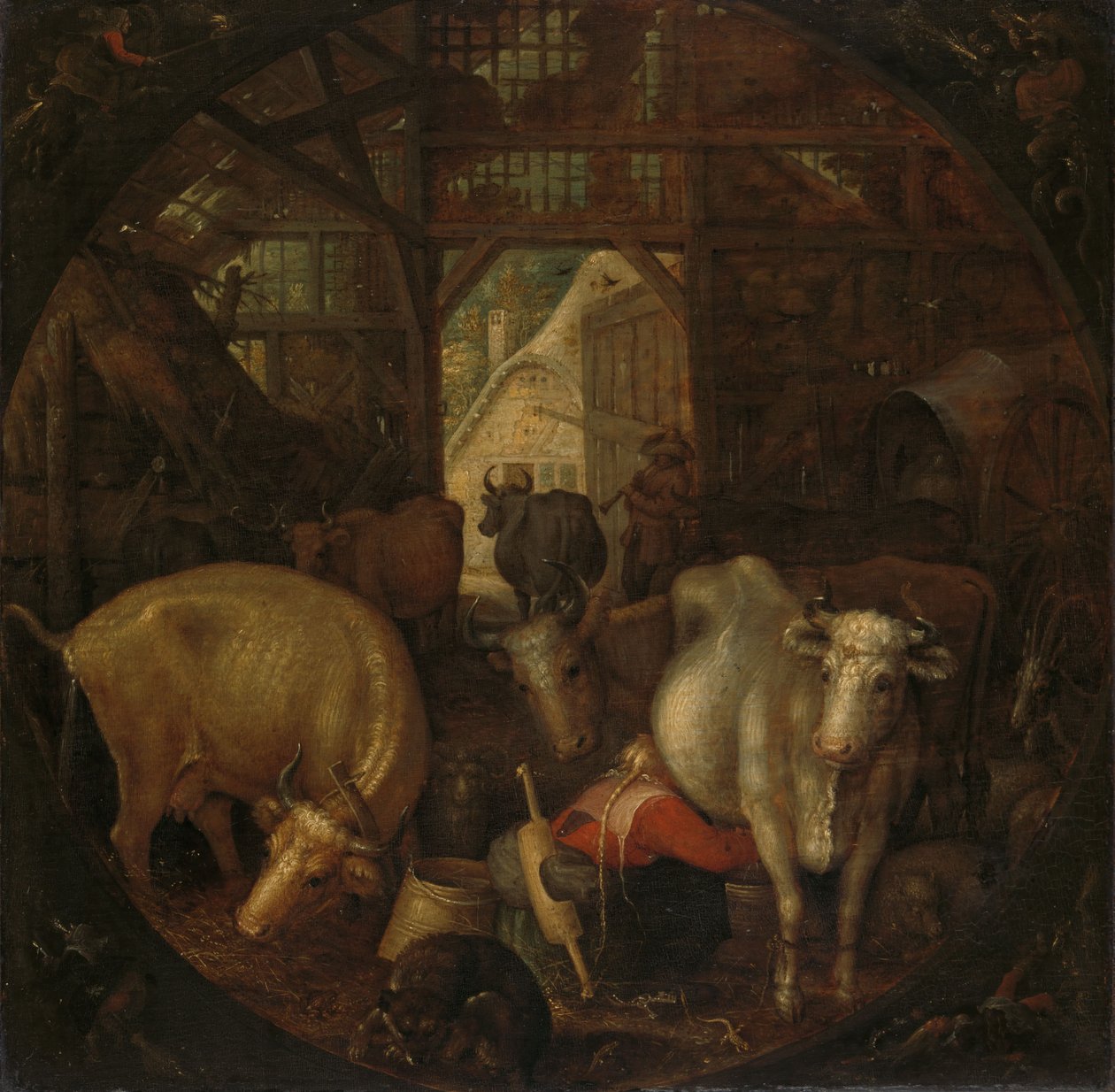Des vaches dans une étable ; des sorcières aux quatre coins du monde - Roelandt Jacobsz. Savery