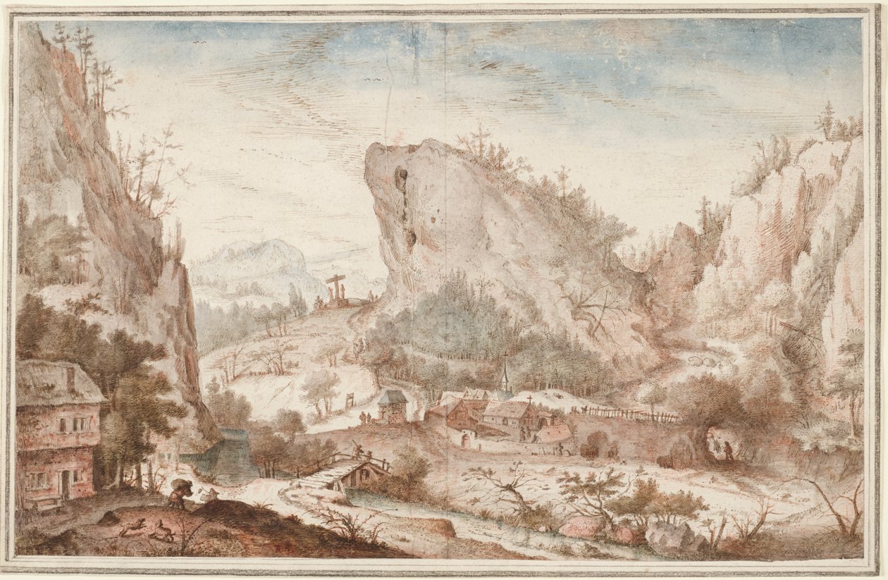 Paysage alpin avec des voyageurs près d