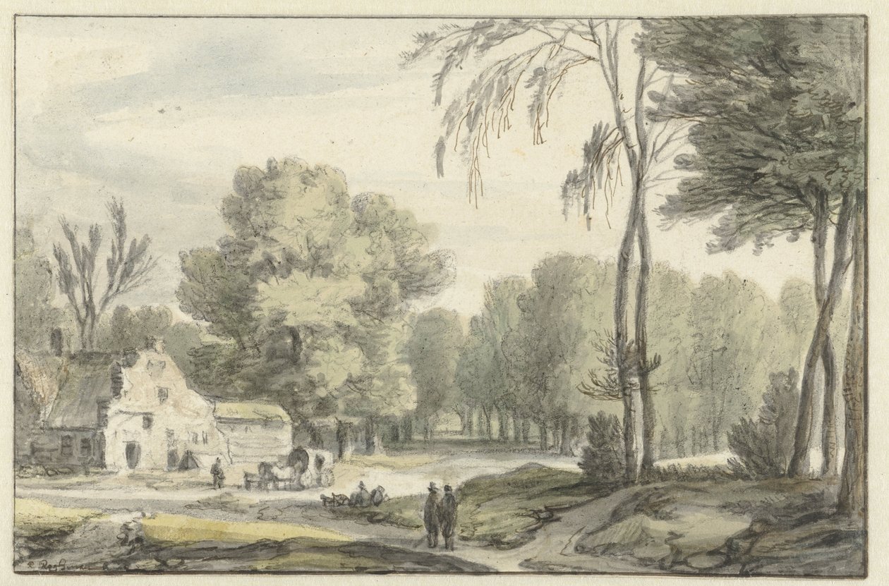 Paysage avec une voiture de voyage devant une ferme - Roelant Roghman