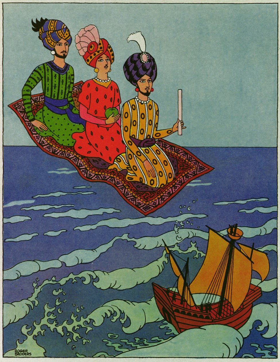 Ils ont été transportés rapidement, illustration de "Le prince Ahmed et la fée Pari Banou", tiré des "Mille et une nuits - Roger Broders