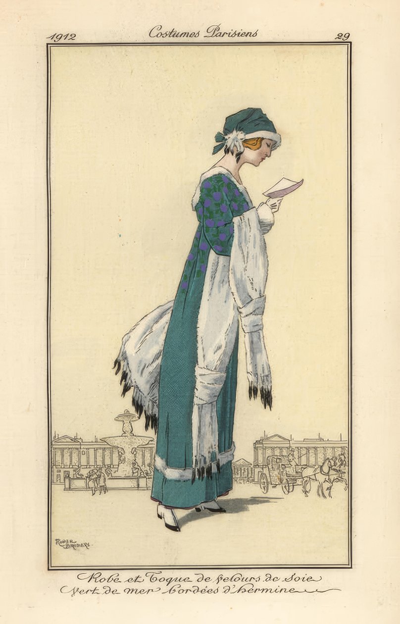 Femme lisant une lettre, portant une robe de velours et une toque. - Roger Broders