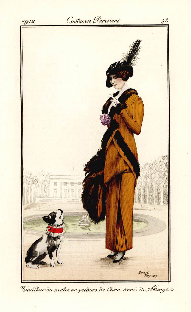 Femme en tenue de matin en velours de laine orné de fourrure de mouffette avec son chien Tailleur du matin en velours de laine orne de skungs. Gravure au pochoir coloriée à la main d