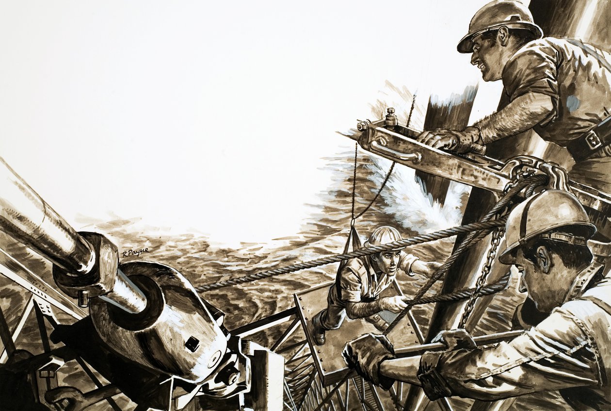 Pétroliers sur une plate-forme en mer du Nord (gouache sur papier) - Roger Payne