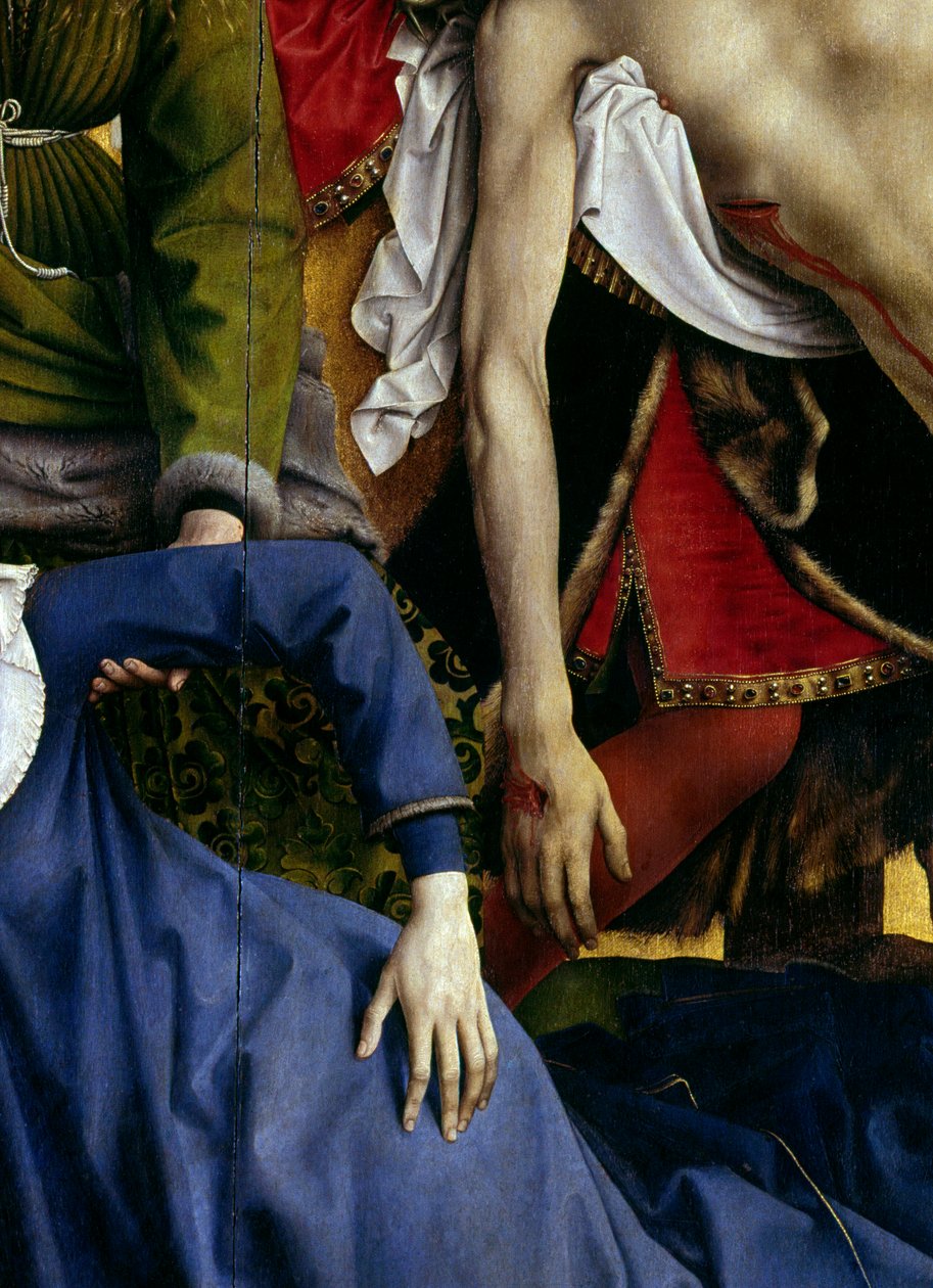 Descente de croix. Détail de la main de la Vierge évanouie et de la main du Christ - Rogier van der Weyden