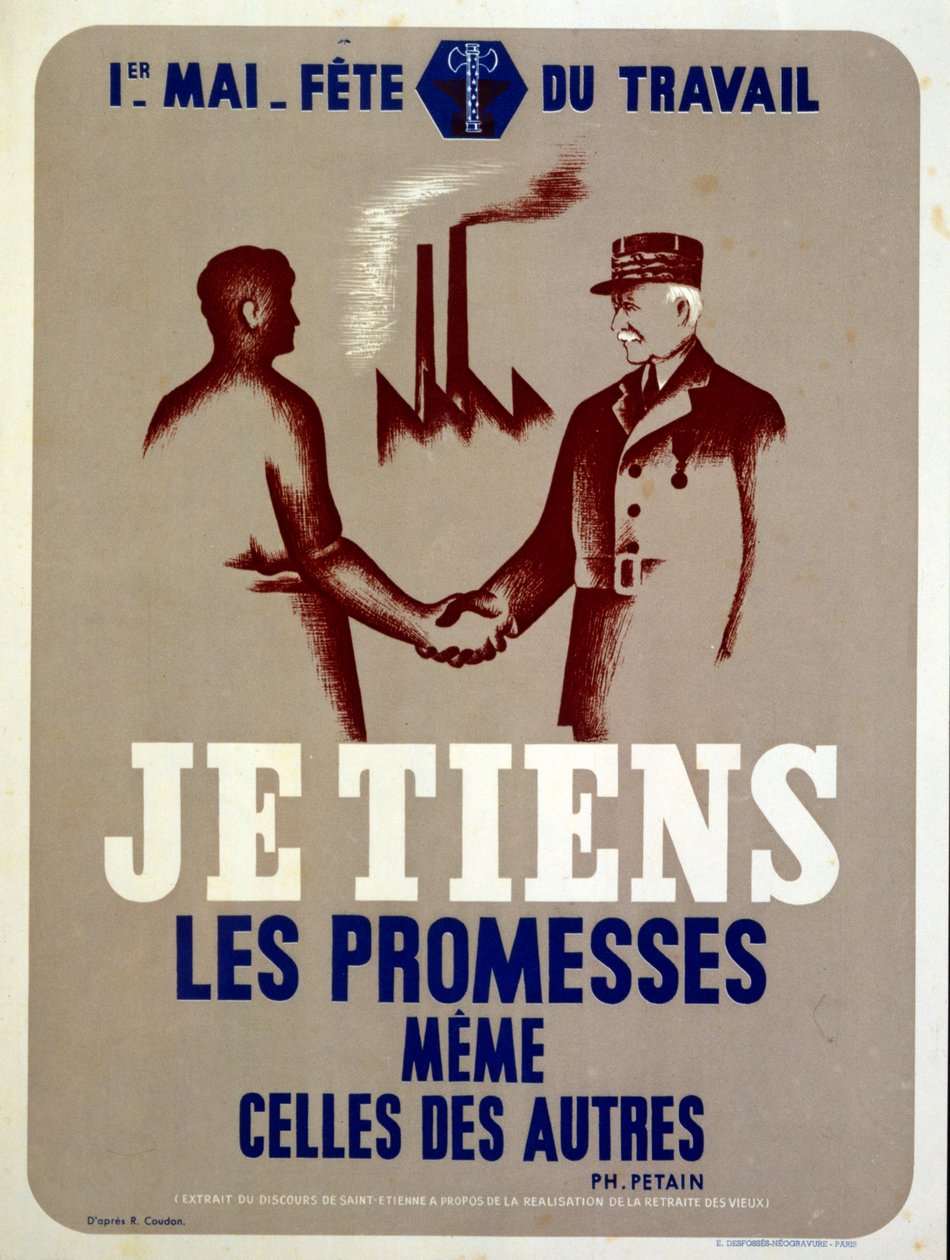 Affiche de propagande du maréchal Pétain, chef de la France de Vichy, pour la fête des travailleurs du 1er mai en France en temps de guerre (affiche) - Roland Coudon