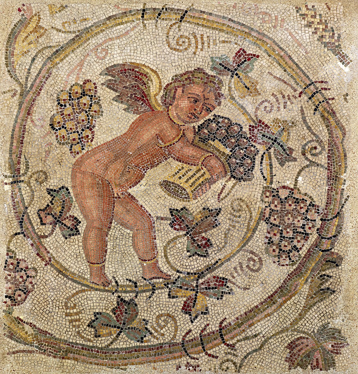 Un cupidon cueillant des raisins, fragment de pavement de Carthage, Tunisie - Roman