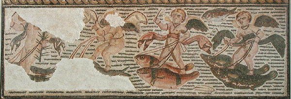 Cupidons chevauchant des poissons, fragment de pavement de Sousse (Hadrumetum) Tunisie - Roman