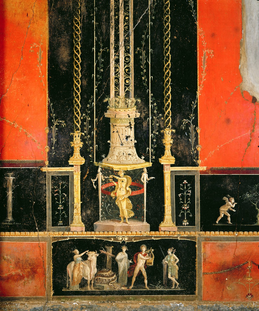 Détails mythologiques et décoratifs du mur est dans la chambre des amoureux, Casa dei Vettii, vers 5-79 AD - Roman