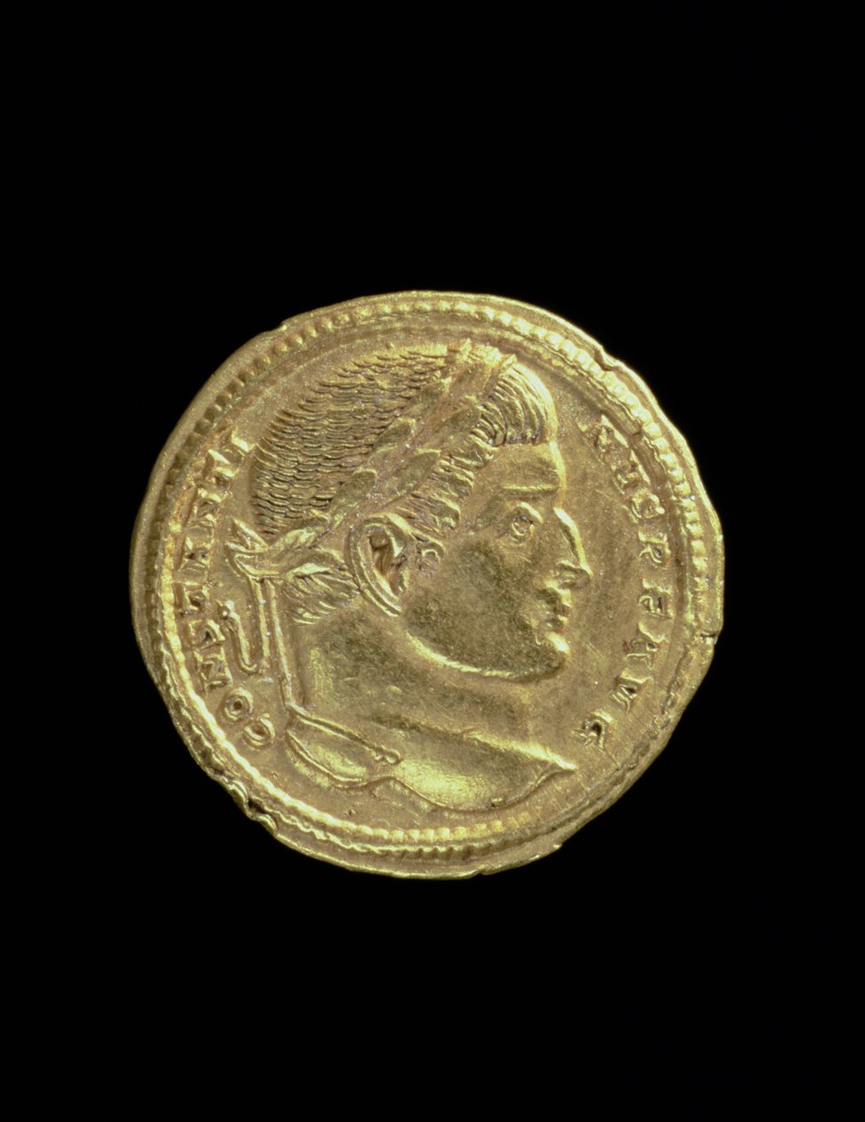 Solidus (avers) de Constantin Ier le Grand (AD 306-AD 337) avec un buste nu et portant une couronne de laurier. Inscription : CONSTANTINVS P F AVG - Roman