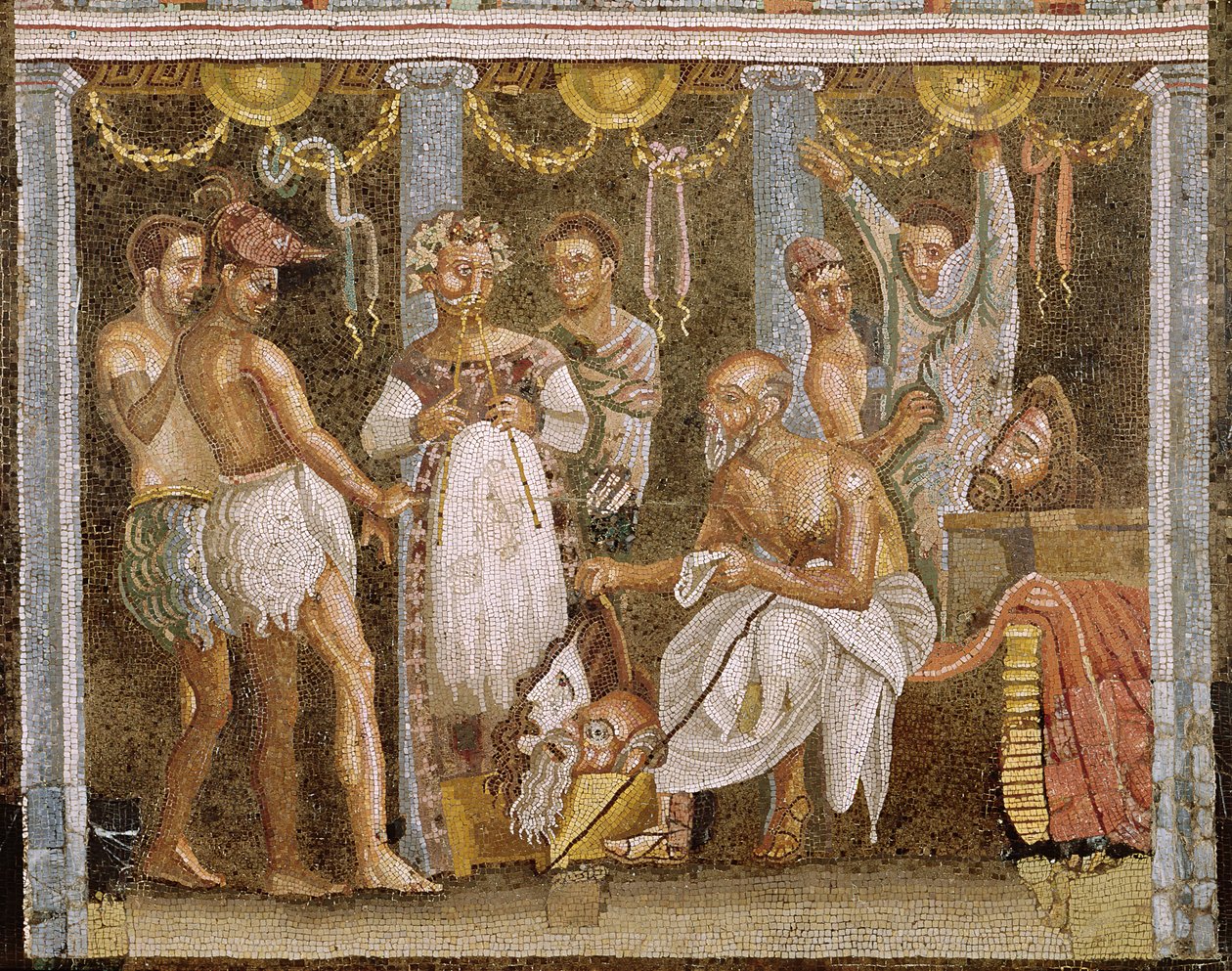 Acteurs répétant pour une pièce satyrique, vers 62-79 après J.-C. (mosaïque) - Roman Imperial Period