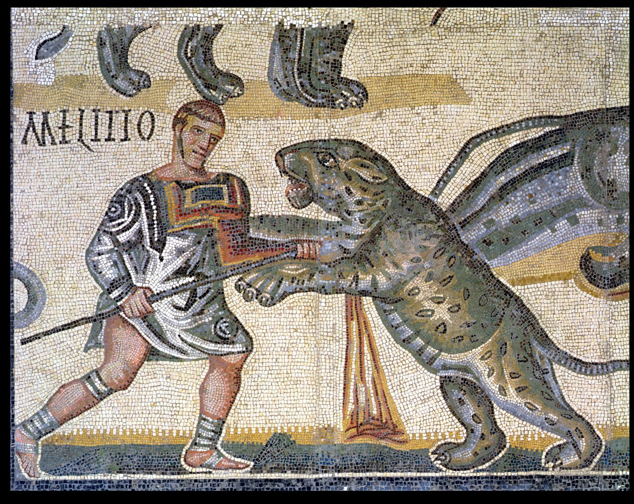 Combat de gladiateurs contre les félins, détail représentant un gladiateur courant à travers un félin, 320 après J.-C. - Roman