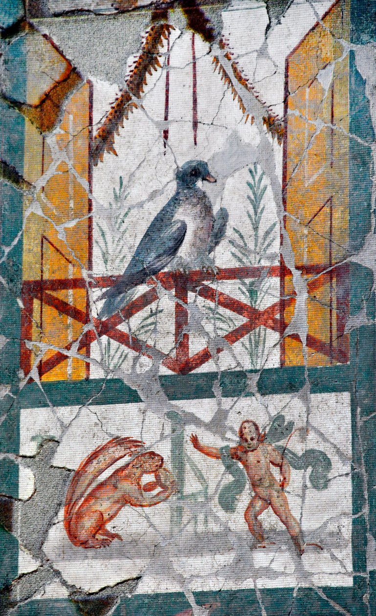 En bas, un oiseau posé sur un balcon, un Amour face à un écureuil. Fin du 1er siècle - Roman