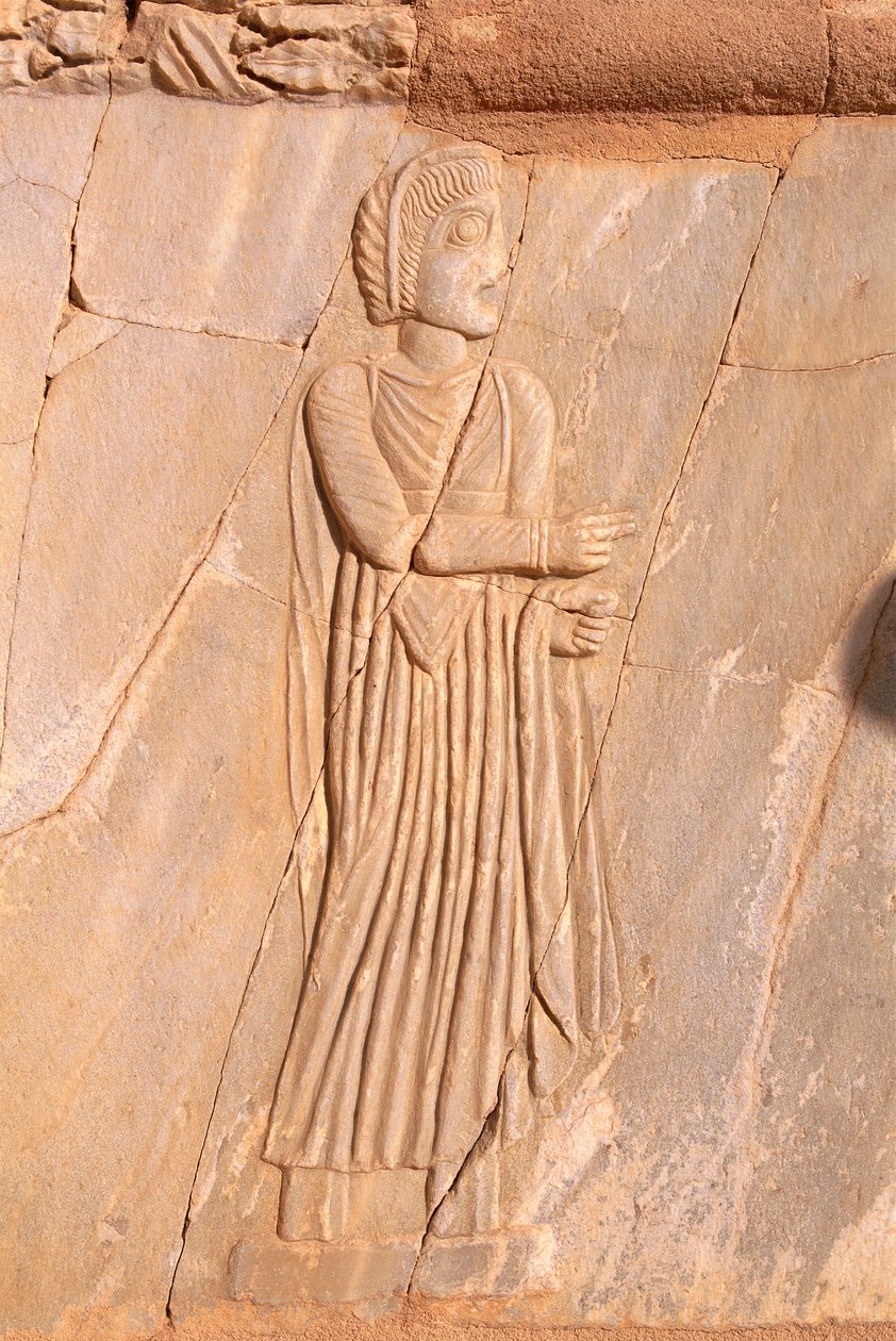 Gros plan du relief décoratif de la scène du théâtre de Sabratha, Libye, Tripolitaine - Roman