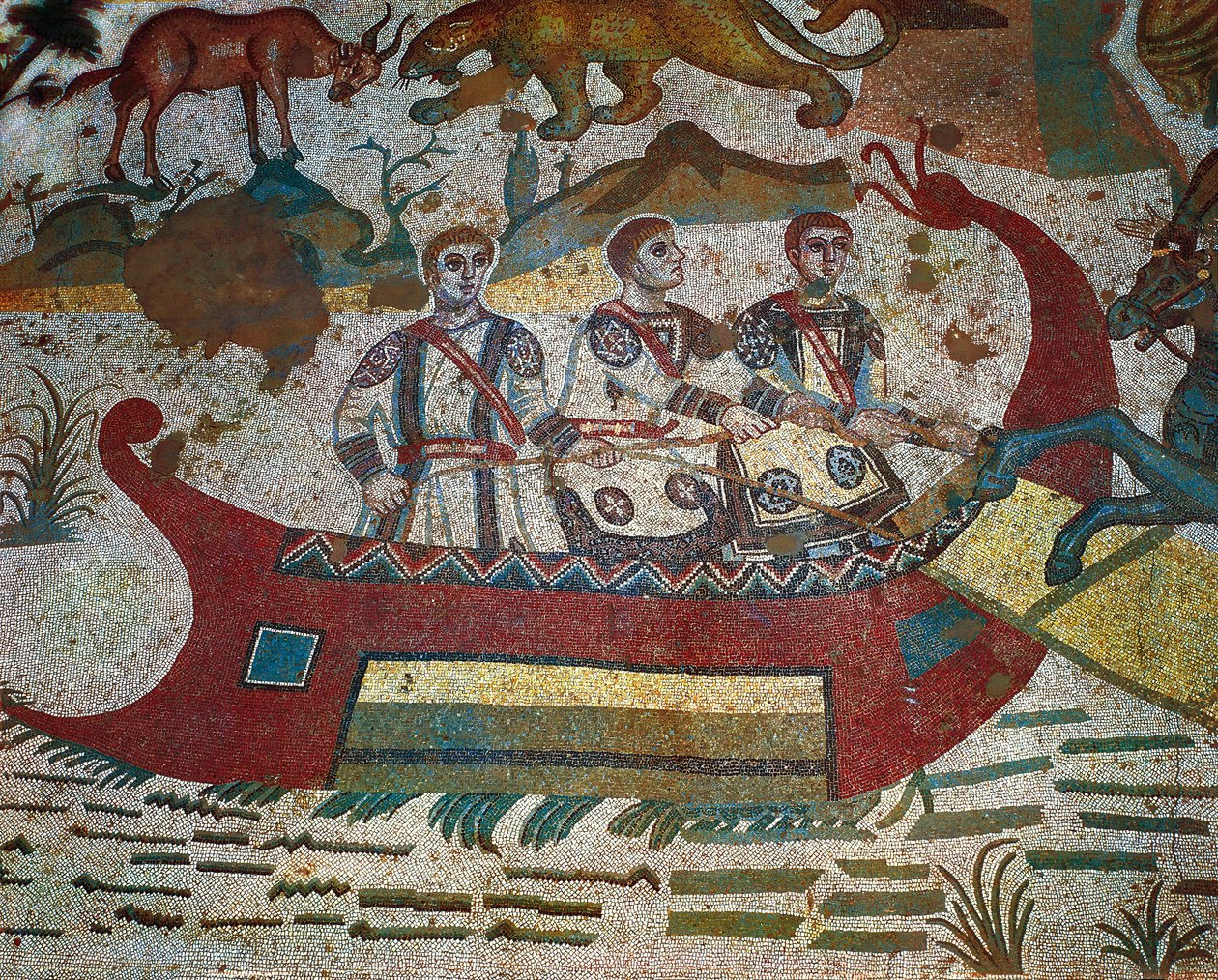 Détail de la mosaïque de la Grande Chasse, Villa Romana del Casale, Piazza Armerina, Sicile, Italie, IVe siècle - Roman