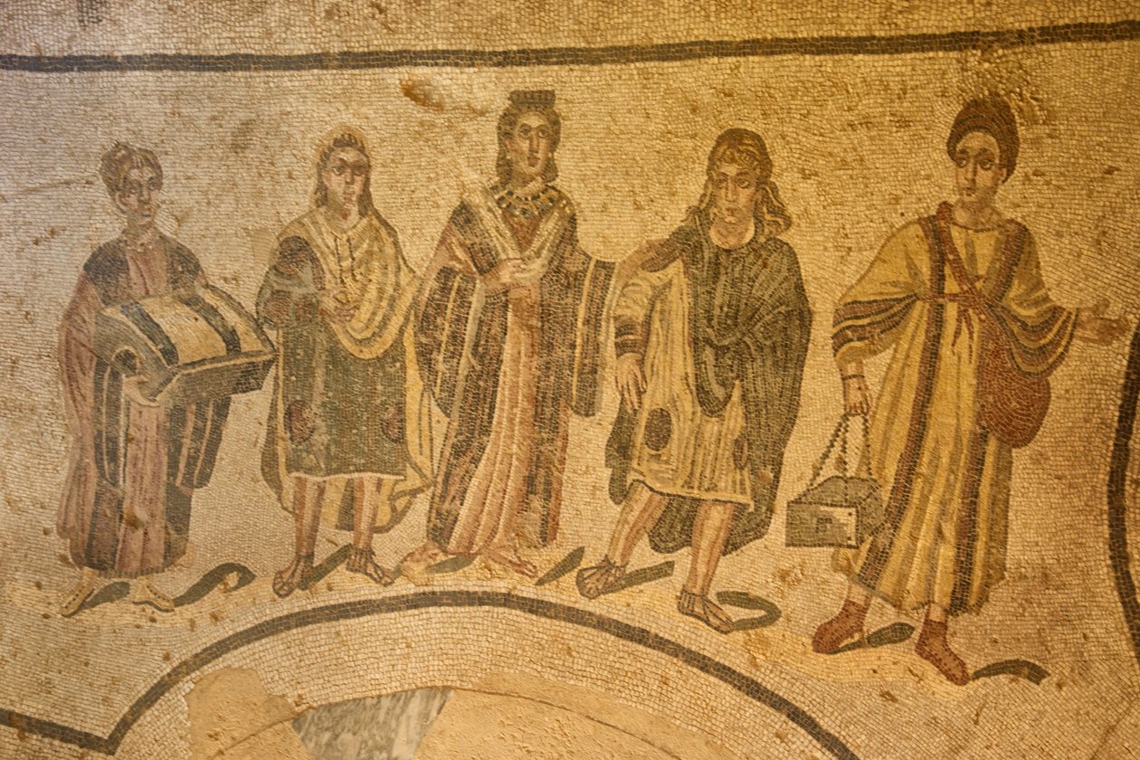 Entrée des thermes, mosaïque de sol, Villa Romana del Casale, Piazza Armerina, Sicile, Italie - Roman