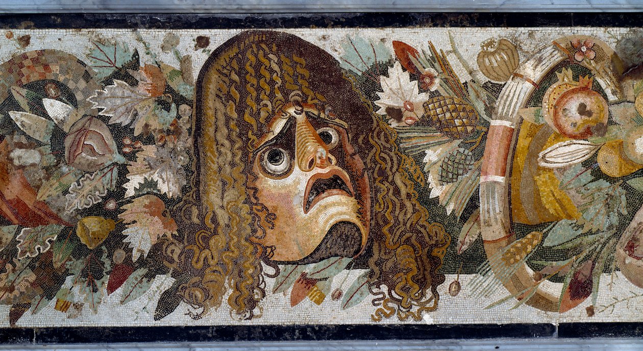 Feston avec masque, feuilles et fruits. Détail. Mosaïque de la Casa del Fauno à Pompéi, 2e siècle av. J.-C. Dim: 280 x 49 cm. Museo Nazionale Archeologico, Naples - Art romain : feston avec masque tragique, feuilles et fruits. Détail. Mosaïque de la Maison - Roman