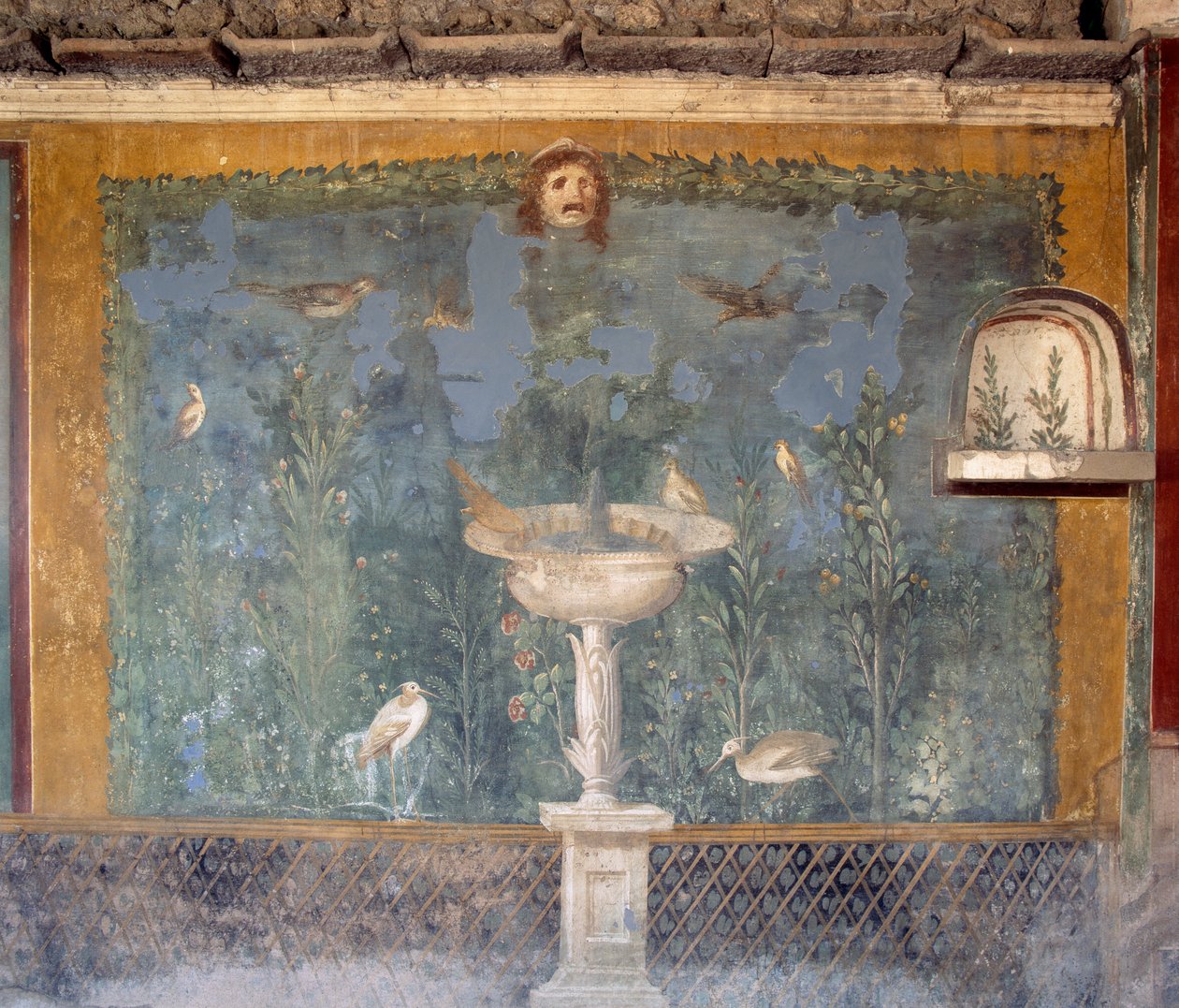 Fresque avec fontaine, masque et oiseaux, Maison de Vénus dans la coquille, Pompéi (Liste du patrimoine mondial de l