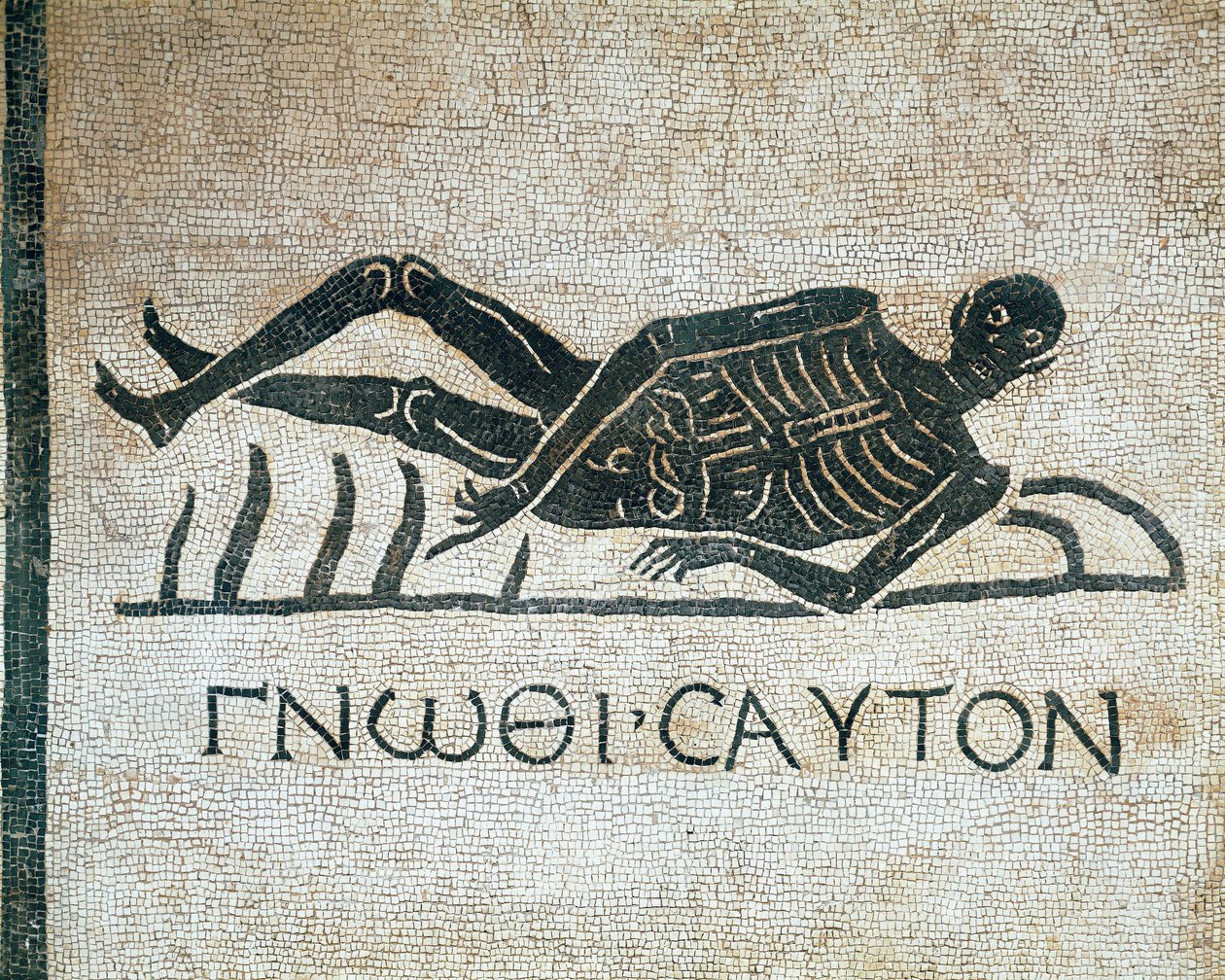 Gnothi seauton (Connais-toi toi-même) memento mori en mosaïque des fouilles du couvent de San Gregorio à Rome, avec la devise grecque 3ème siècle av. J.-C. Museo Nazionale Romano (ou delle Terme) Rome - Roman