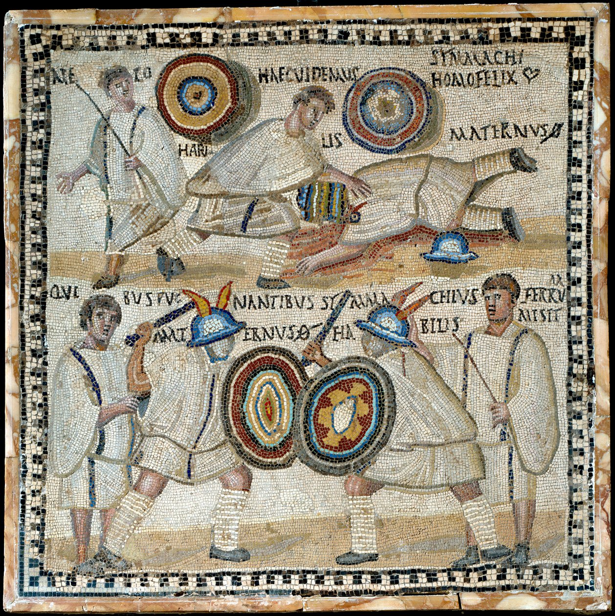Mosaïque représentant le combat entre deux équites nommés Simmachius et Maternus, romain, 3ème siècle après J.-C. - Roman