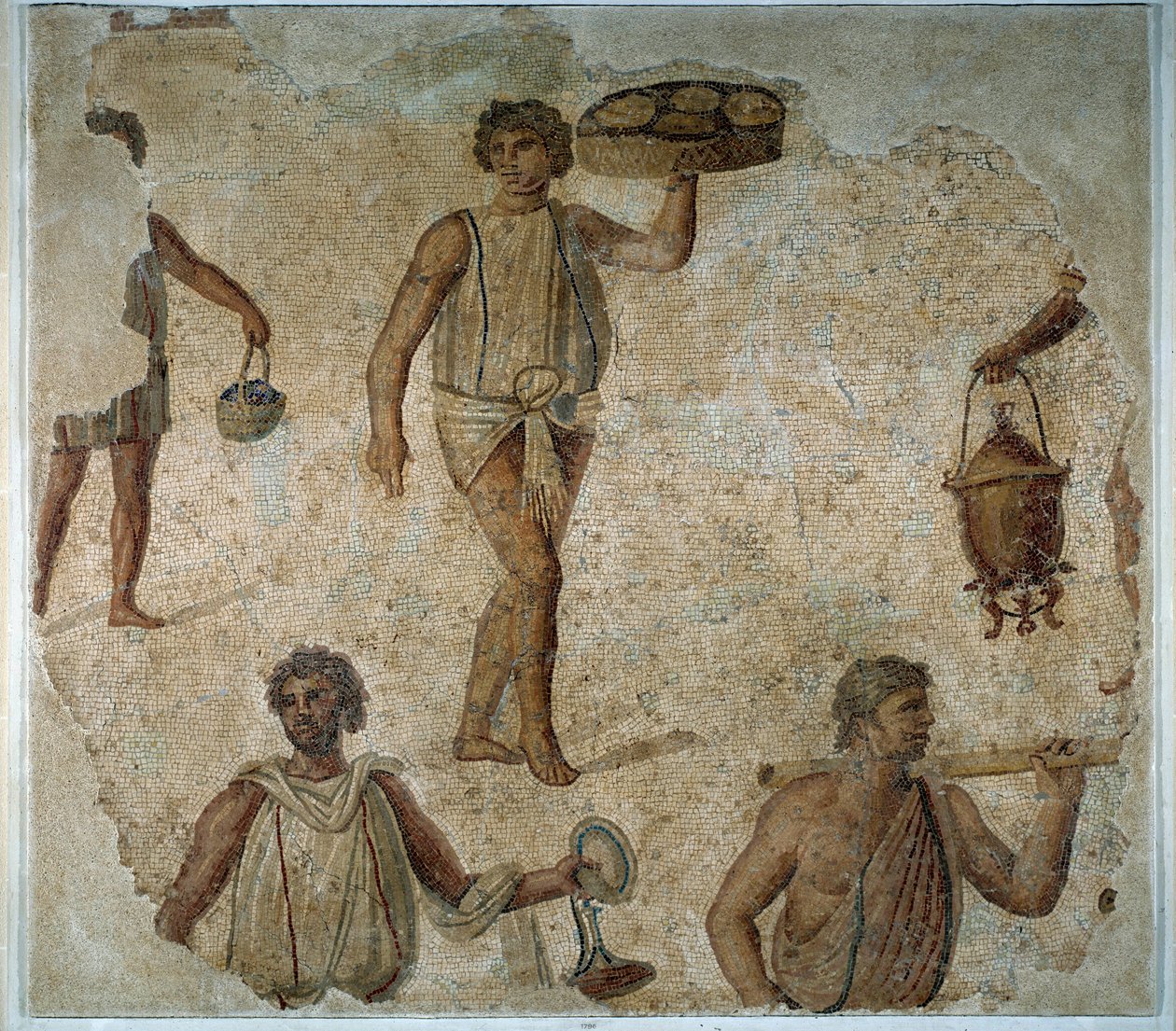 Préparatifs pour une fête dionysiaque : esclave servant un repas. Mosaïque de Carthage. 2ème siècle ap. J.-C. Paris, Musée du Louvre - Roman