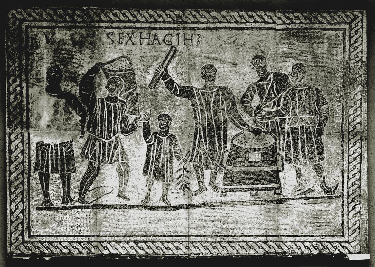 ART ROMAIN : Mesure du grain (maïs). La corvée de maïs que Gaius Gracchus ..., IIe siècle après J.-C. (mosaïque) - Roman