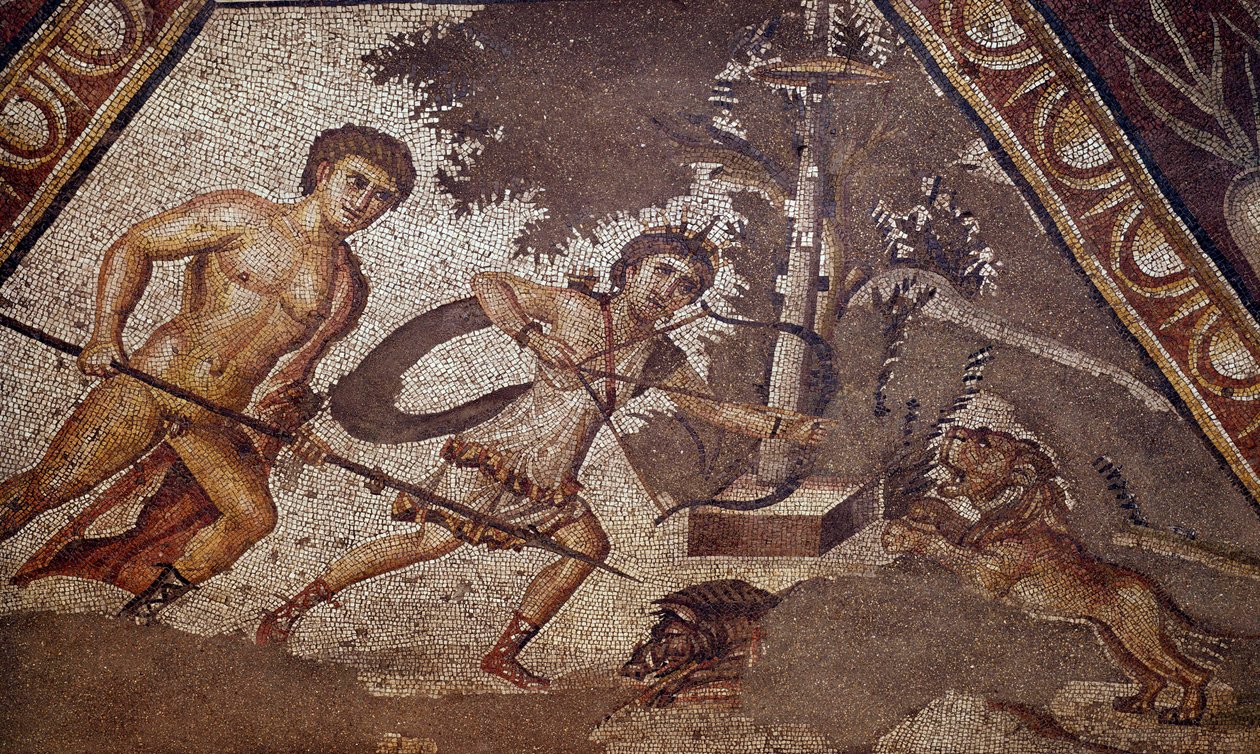 Art romain : Mosaïque des saisons de la cour de la villa de Constantin de "Daphné" représentant deux chasseurs. Détail. Du faubourg d