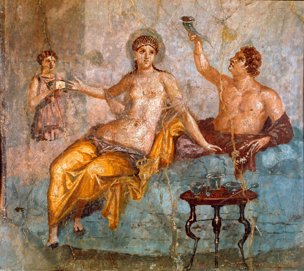 Art romain : scène de banquet, un jeune homme et une courtisane - Roman