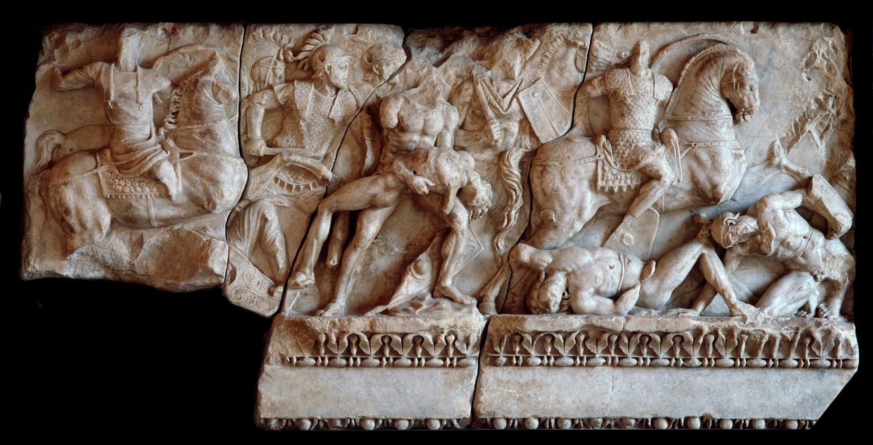 Art romain : fragment de sarcophage en marbre représentant une scène de bataille entre Gaulois et Romains, 20 apr. J.-C. Dim 87x173 cm Mantoue, Palazzo Ducale, Coll - Roman