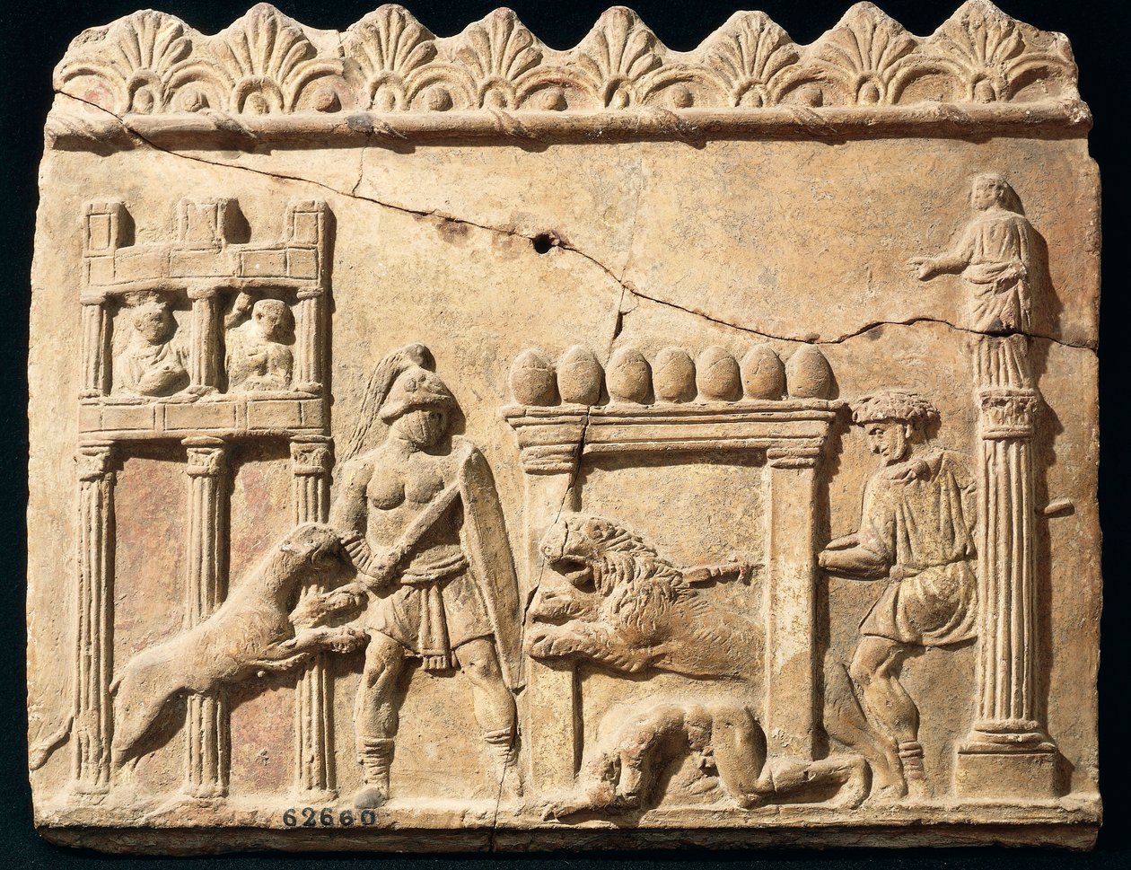Relief romain représentant des lions et des gladiateurs combattant dans le cirque - Roman