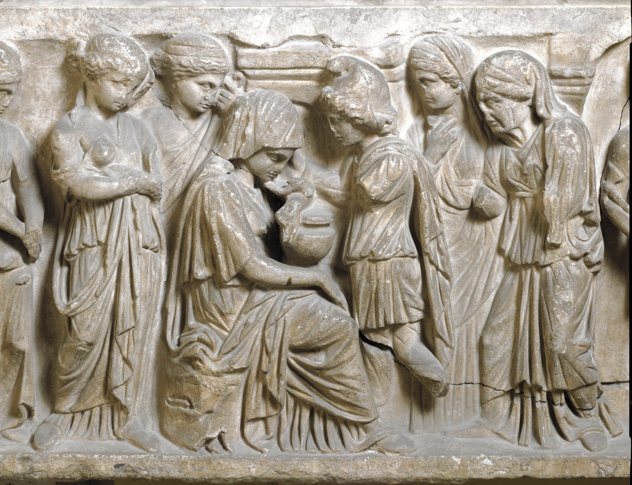 Antiquité romaine : La tristesse de Phèdre amoureuse et repoussée par Hippolyte. Bas-relief de sarcophage dit Phèdre et Hyppolite. IIIe siècle ap. J.-C. Palerme, Museo Archeologico Nazionale - Roman